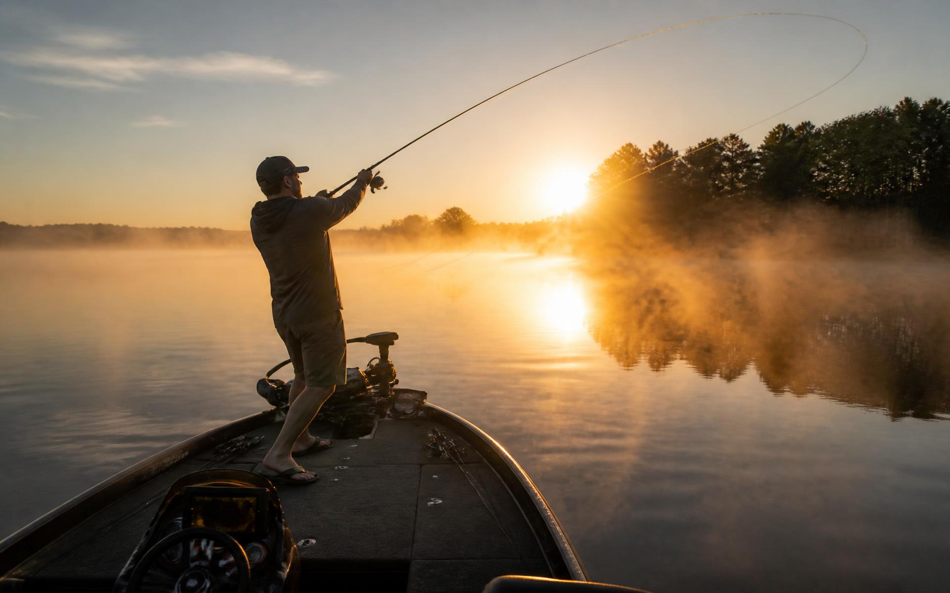 Angler casting from a bass boat at sunrise on Mountain Island Lake