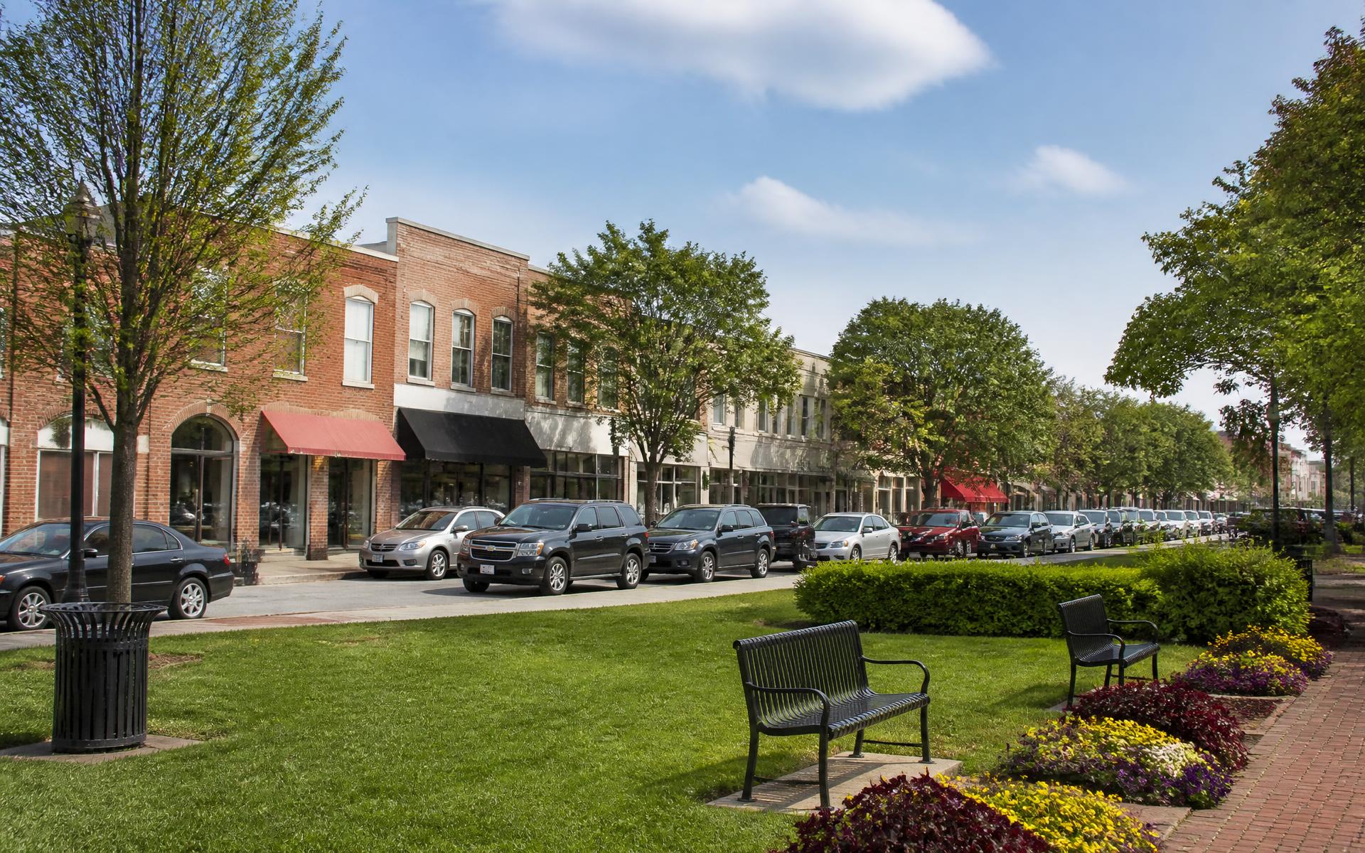 Town center streetscape in Huntersville, North Carolina, east of Mountain Island Lake