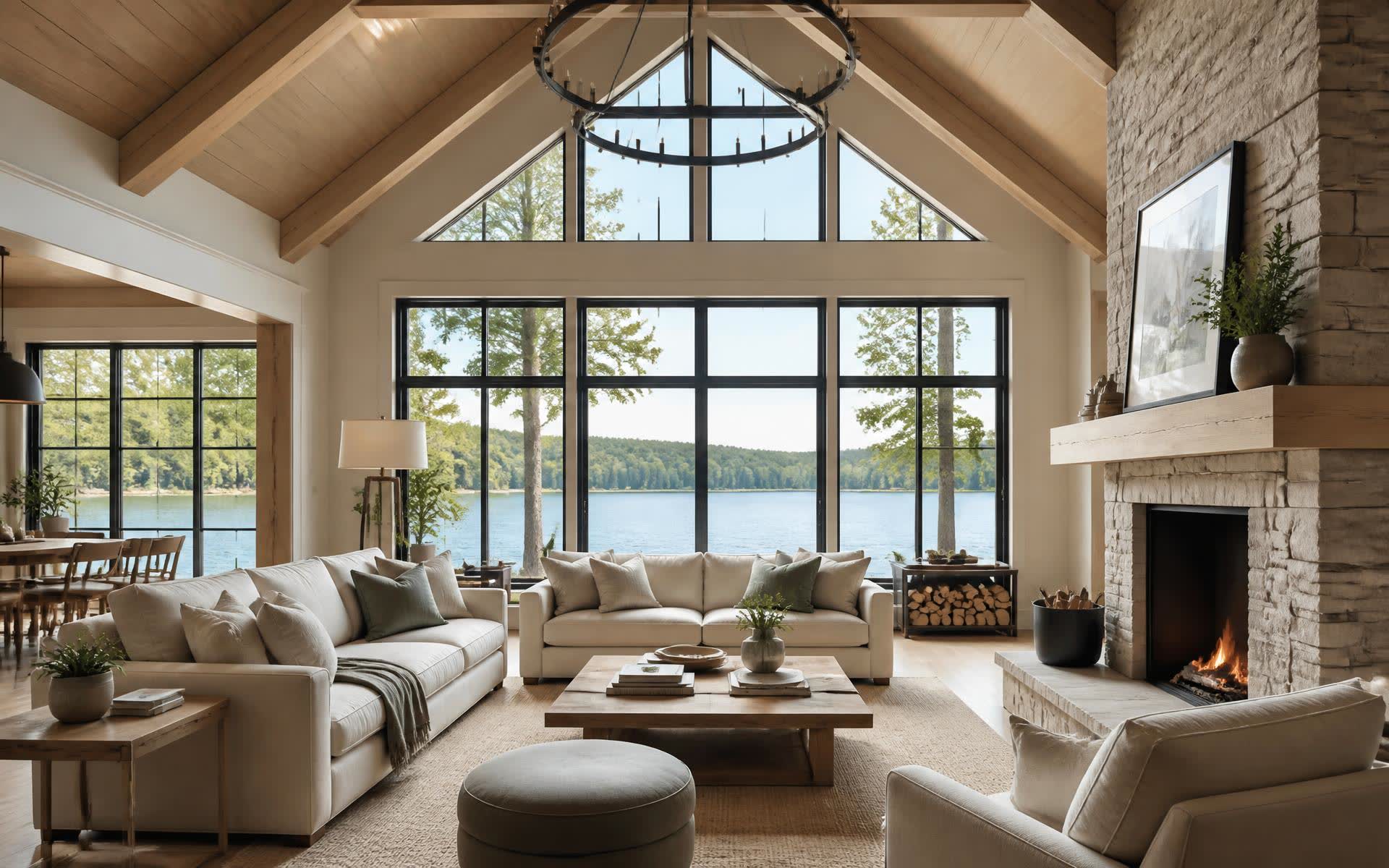 Lake house great room with vaulted white oak ceiling and water views