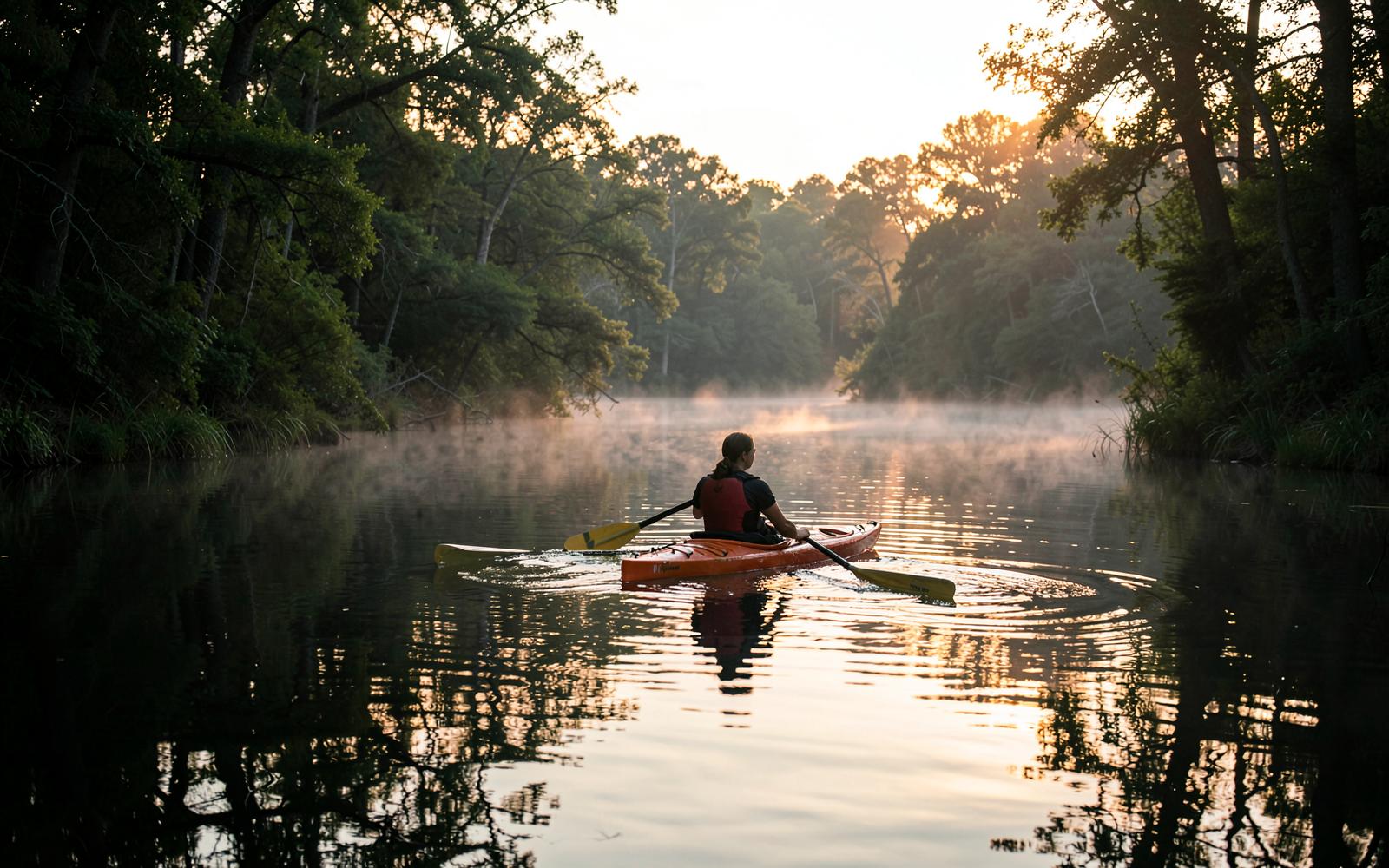 A single kayaker paddling a misty wooded cove on Mountain Island Lake at sunrise
