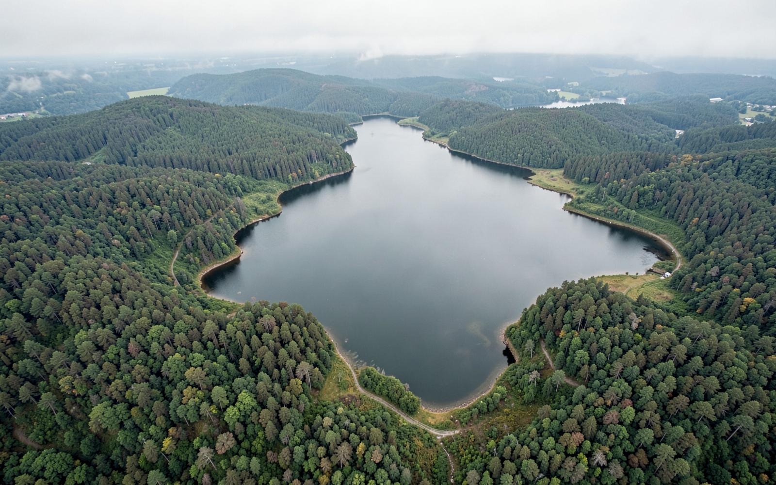 Aerial view showing the narrow winding shape of Mountain Island Lake and its forested coves