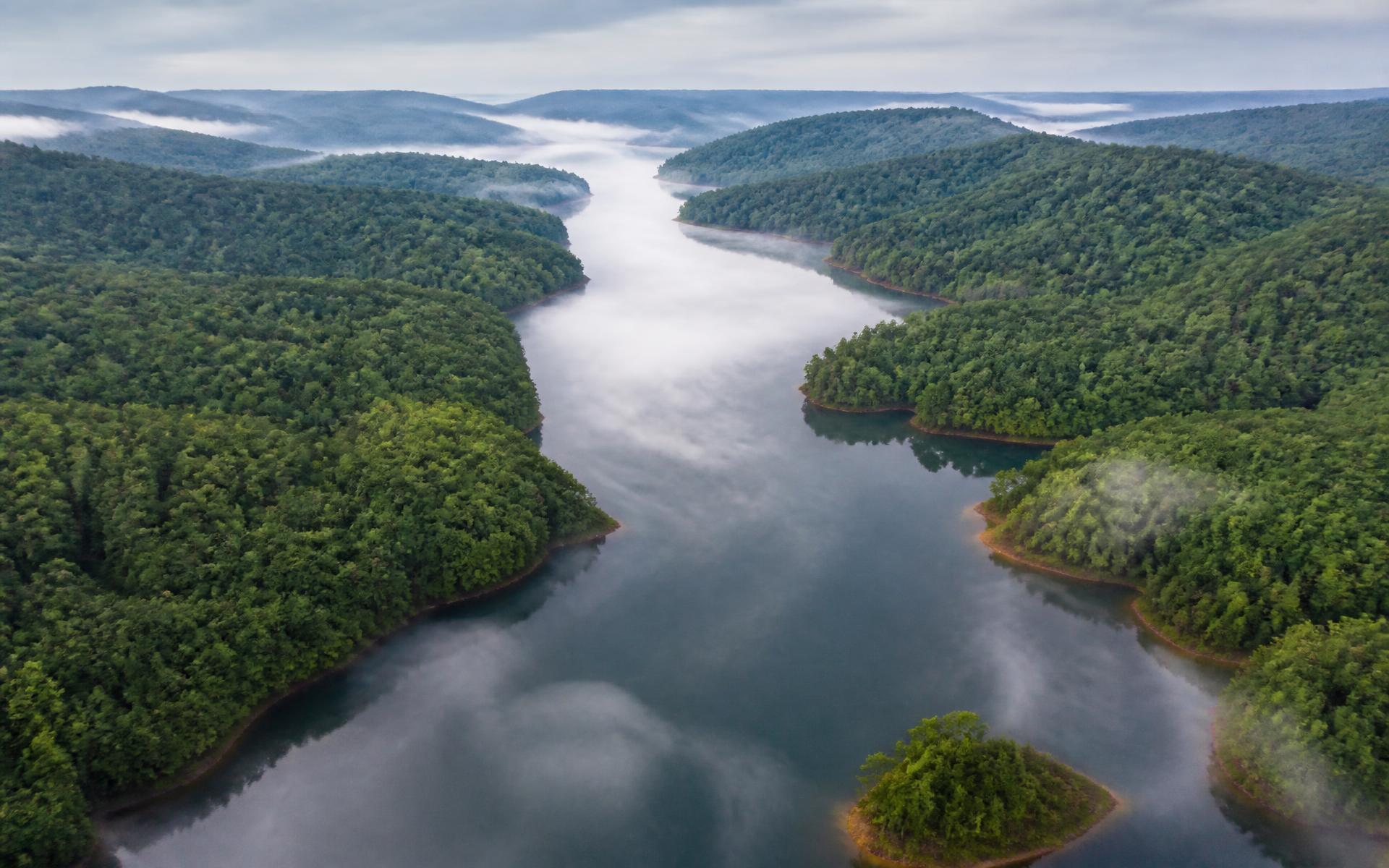 Aerial view of the narrow reservoir channel of Mountain Island Lake