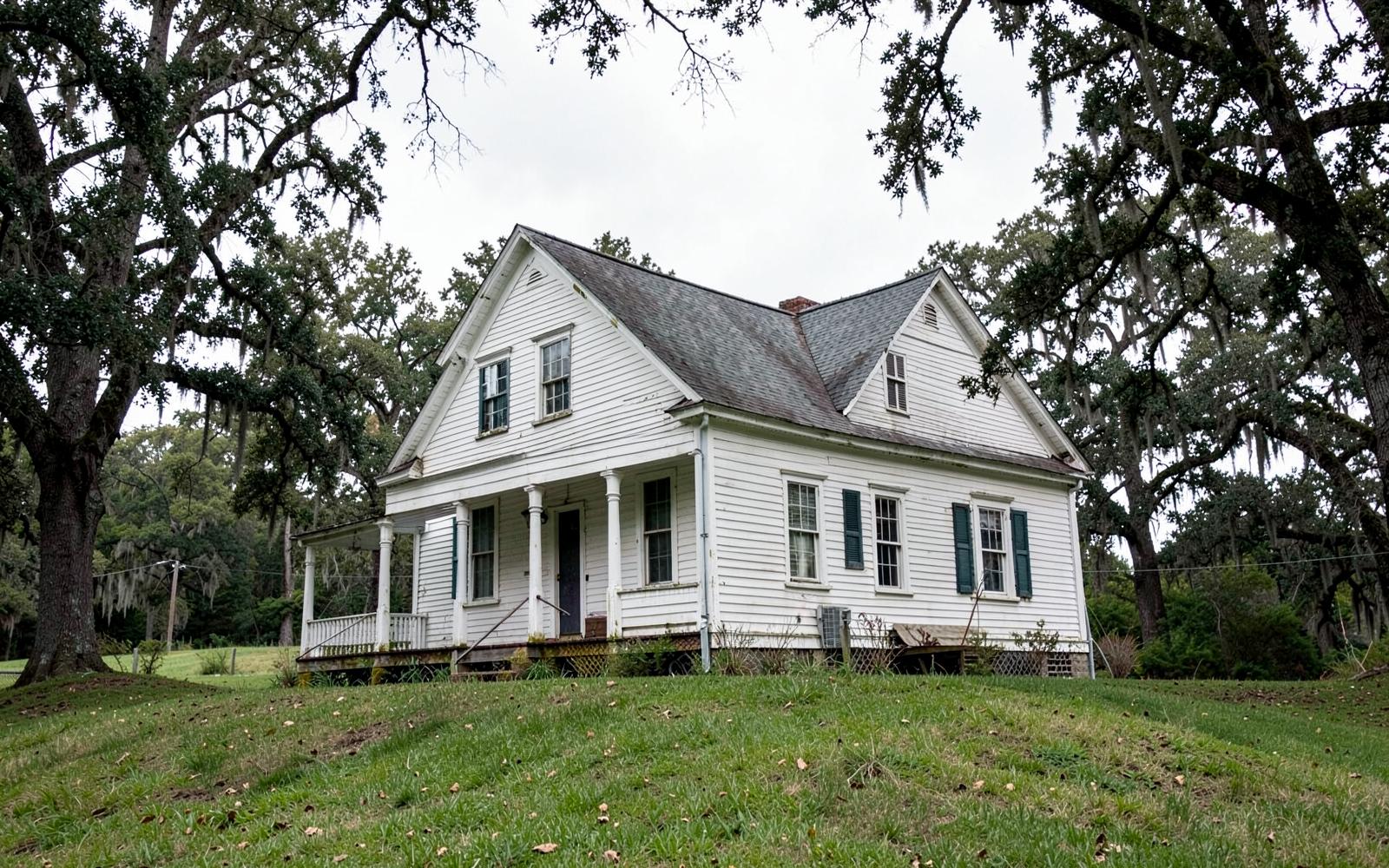 An early 1800s white clapboard farmhouse on a grassy hillside under old oaks