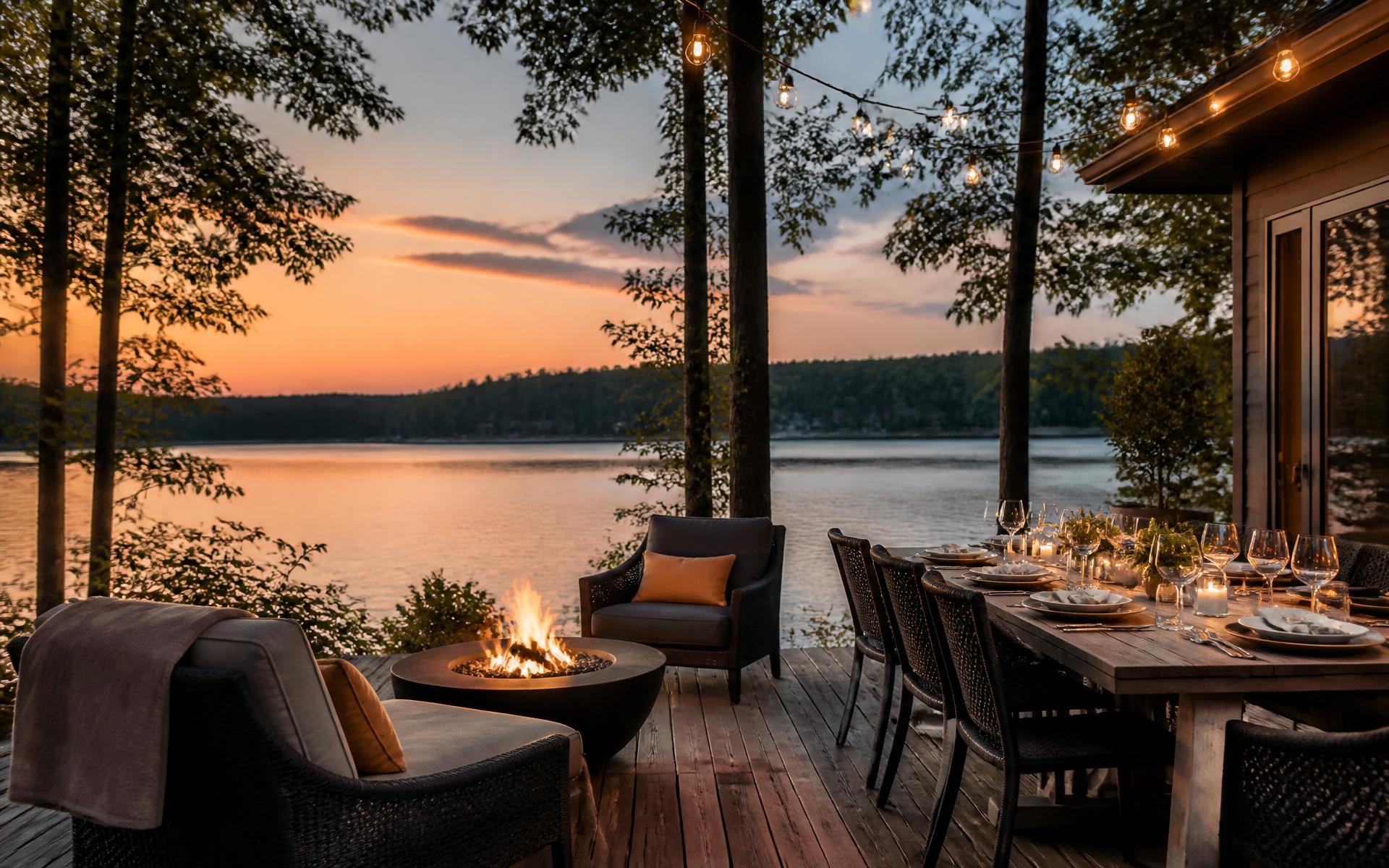 Lakeside deck with a fire bowl and dining table at dusk on Mountain Island Lake