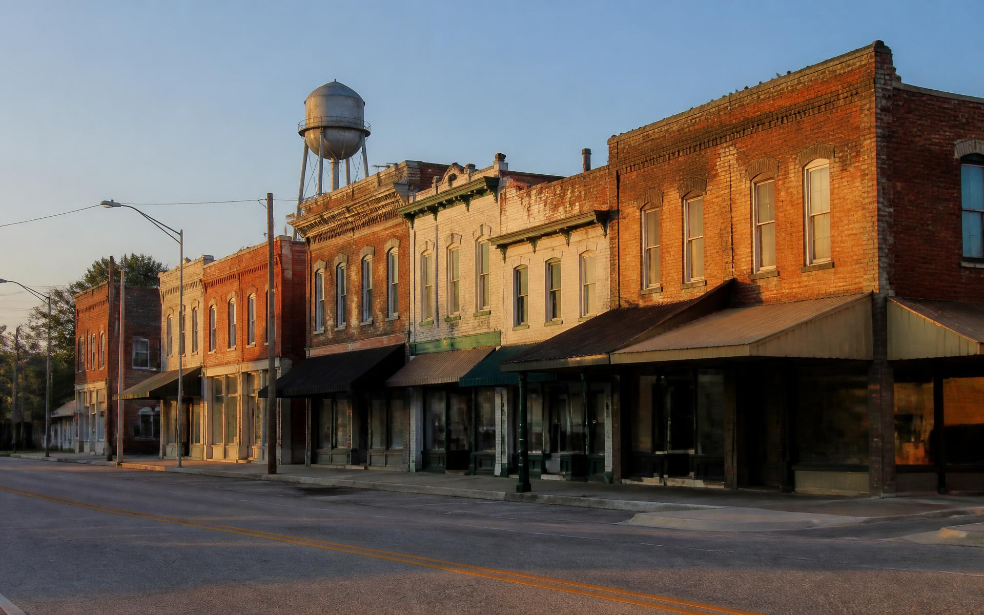 Historic brick main street in Mount Holly, North Carolina, on the west shore of Mountain Island Lake