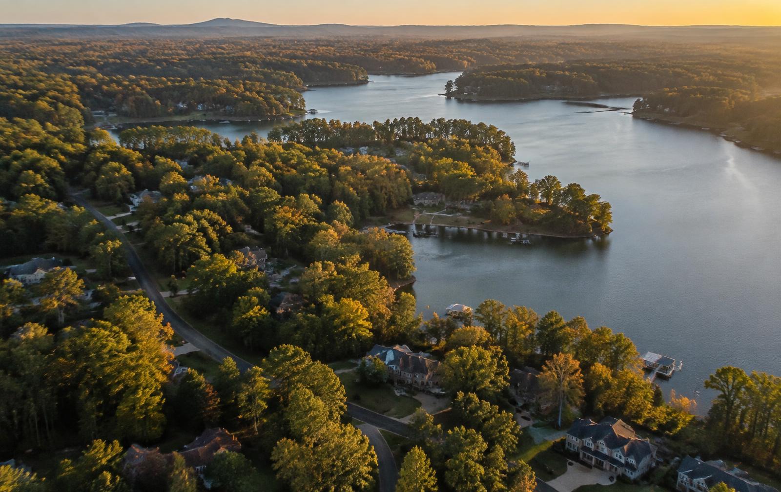 Aerial view of wooded neighborhoods along the Mountain Island reservoir northwest of Charlotte