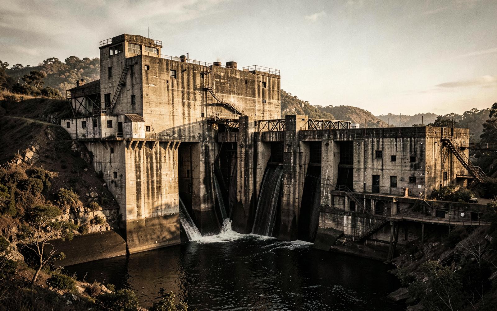 Historic concrete hydroelectric dam and powerhouse on the Catawba River