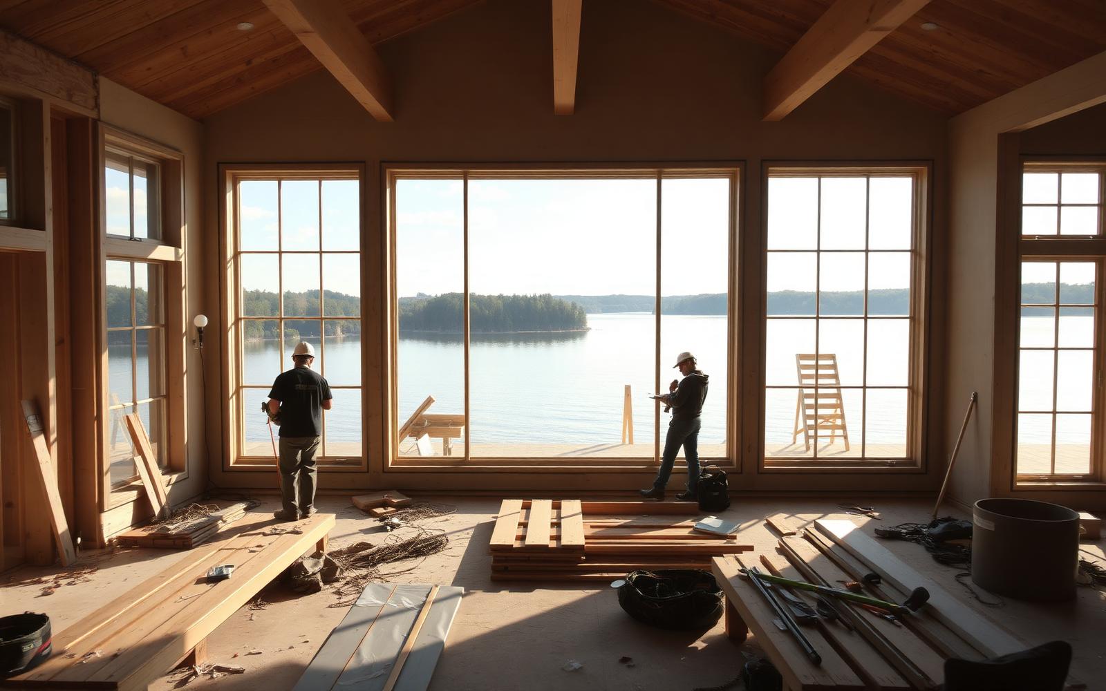 Lake house renovation in progress with new windows framing the water