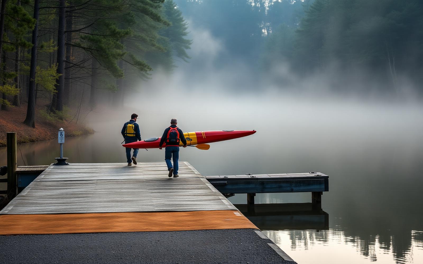 Paddlers carrying a kayak down a public launch dock on a misty Mountain Island Lake morning