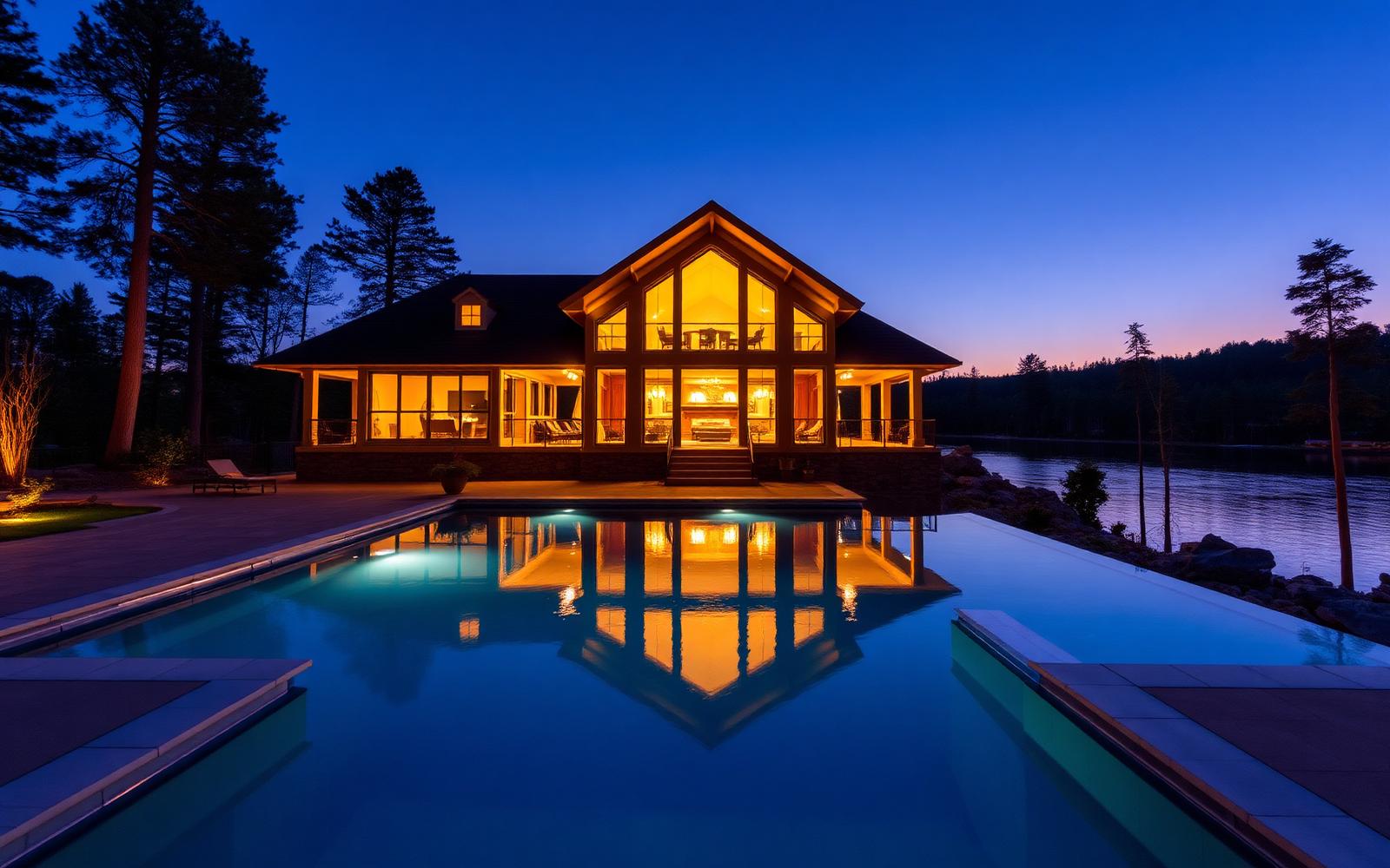 Luxury lakefront estate at dusk with lit interiors and a pool overlooking Mountain Island Lake