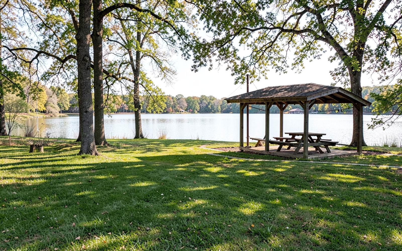 A wooden picnic shelter under tall trees beside calm lake water in a county park