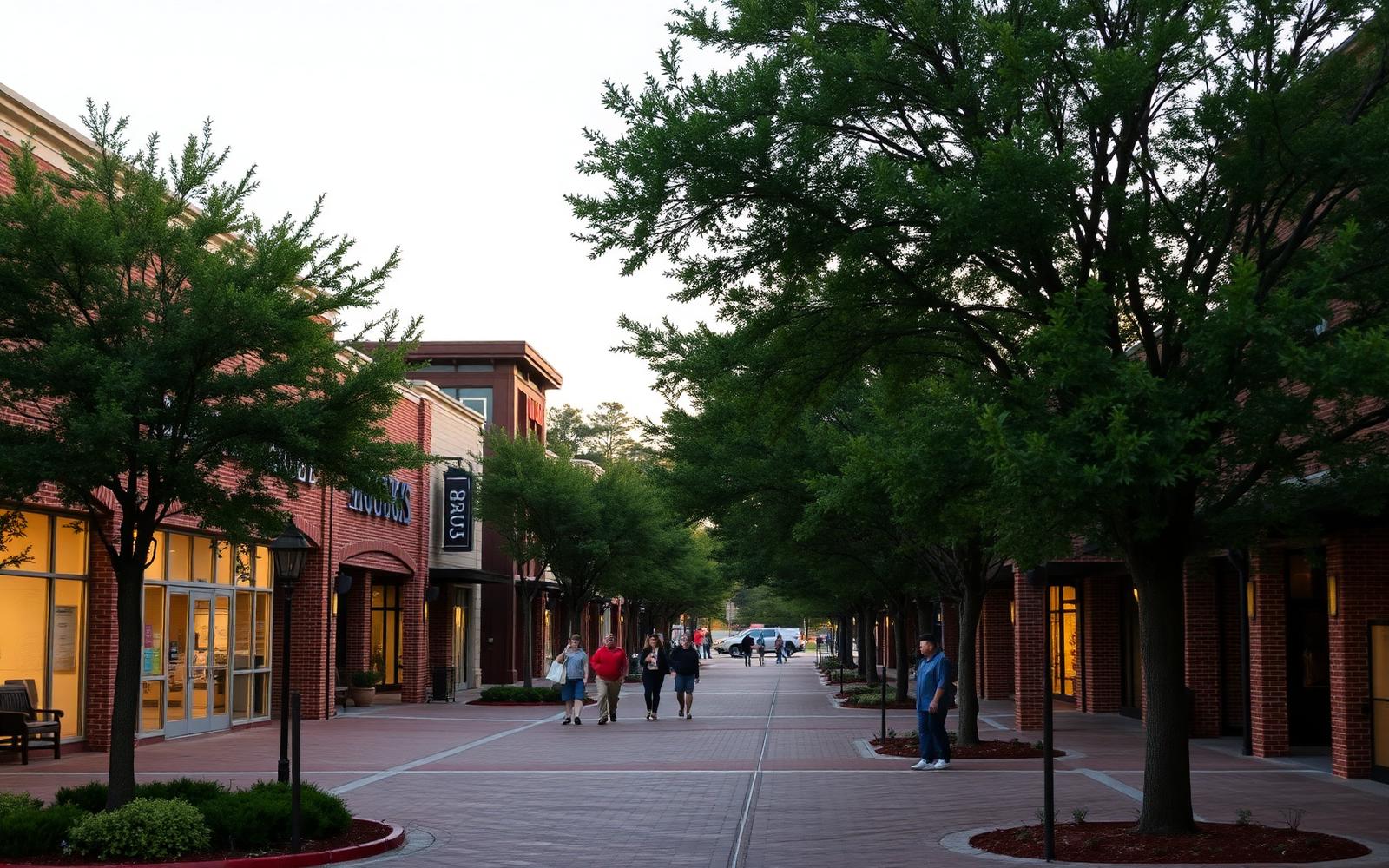 Brick storefronts and oak-lined walkway at a shopping village near Mountain Island Lake