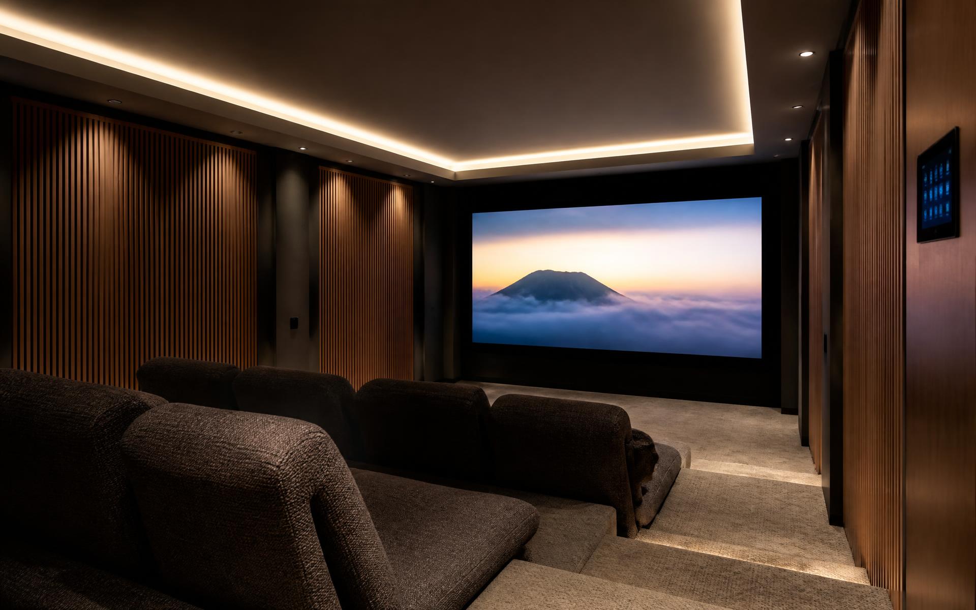 Lake house living space with integrated lighting and technology