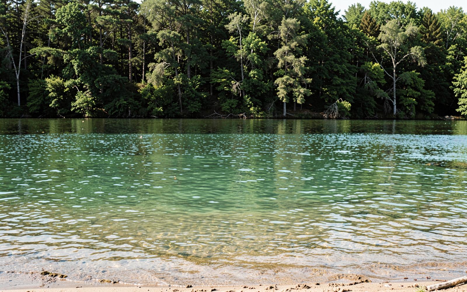 Clear green water meeting a sandy shoreline edge with forest behind on Mountain Island Lake