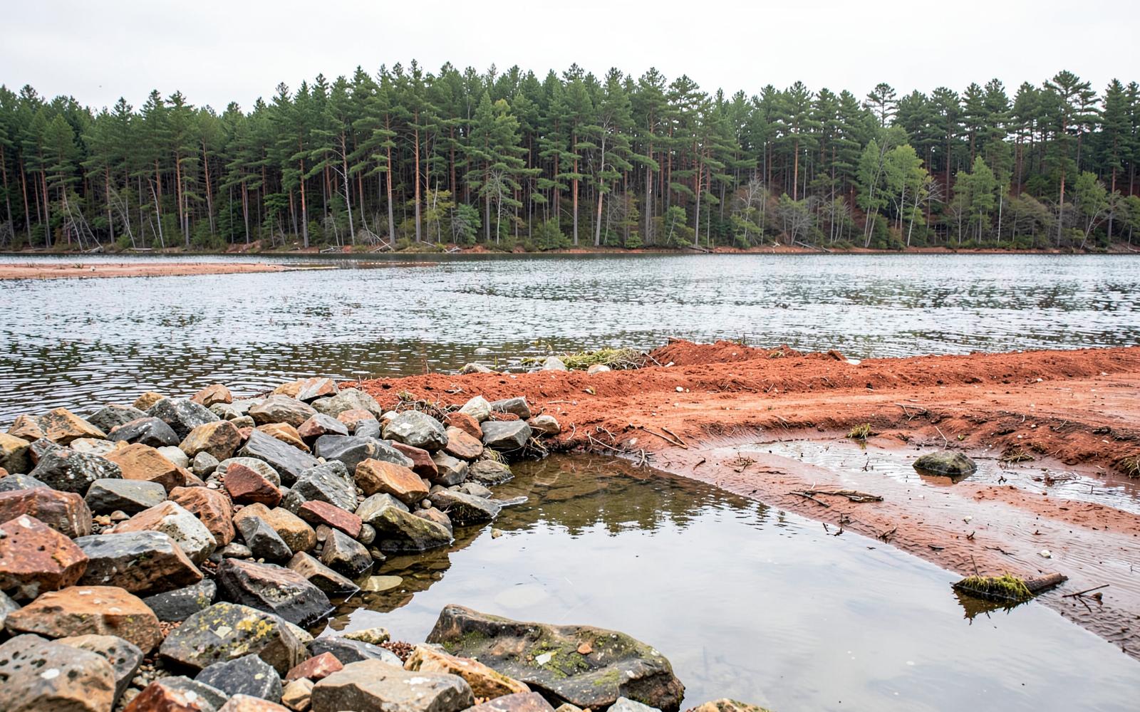 Lake shoreline showing an exposed waterline on rocks and red clay bank