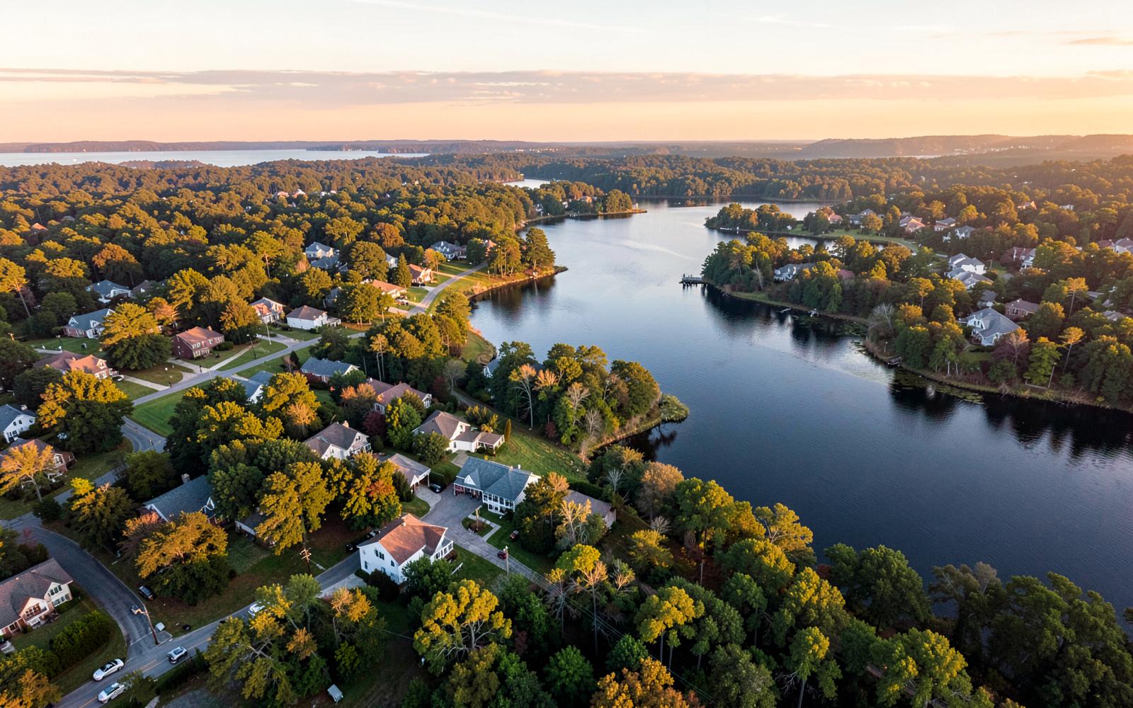 Aerial view of wooded neighborhoods and peninsulas meeting a lake at golden hour